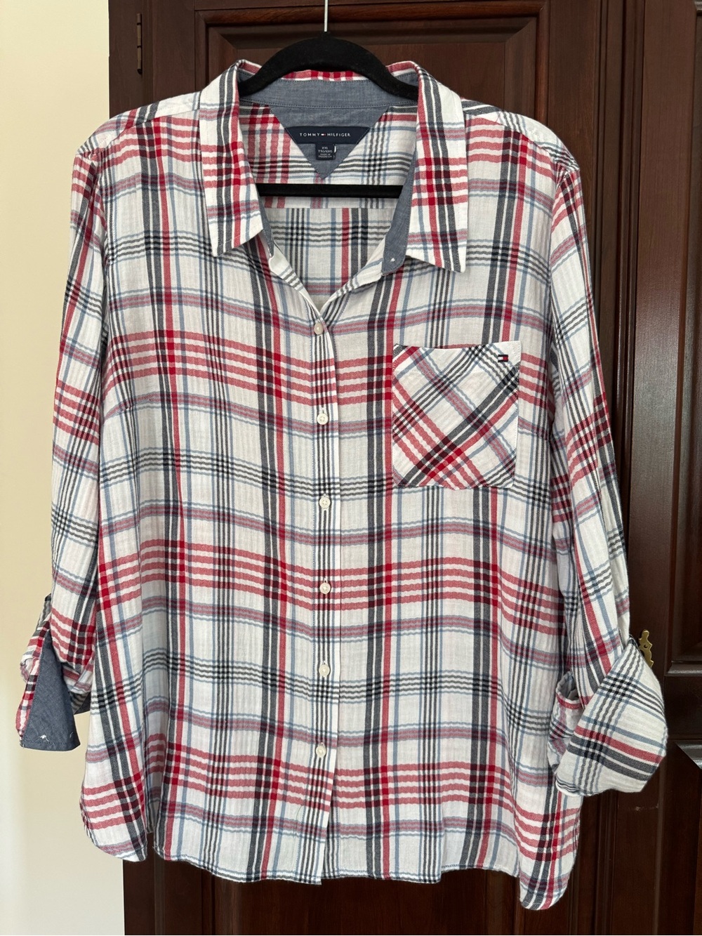 Tommy Hilfiger Red, White & Navy Plaid Button-Down Shirt-XXL